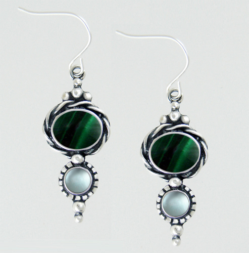 Sterling Silver Drop Dangle Earrings With Malachite And Blue Topaz